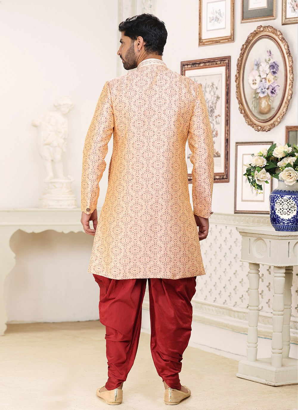 Fancy Work Banarasi Jacquard Cream Indo Western - M5210