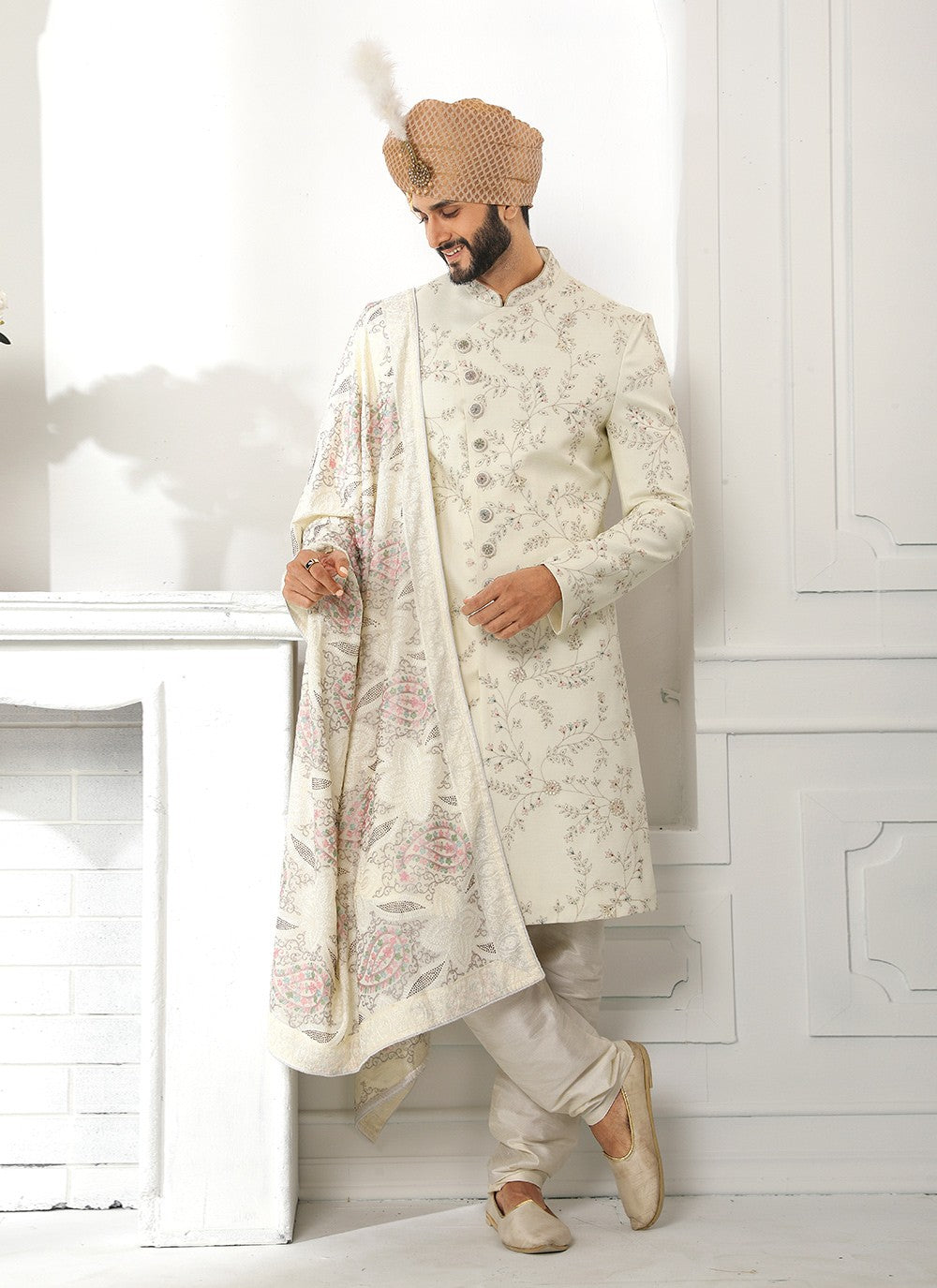 Embroidered Art Silk Cream Indo Western Sherwani - M4126