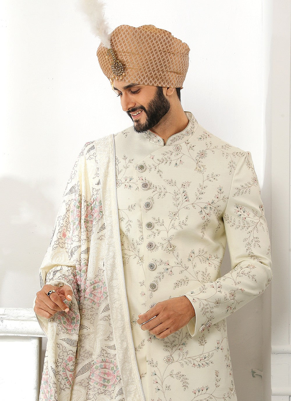 Embroidered Art Silk Cream Indo Western Sherwani - M4126