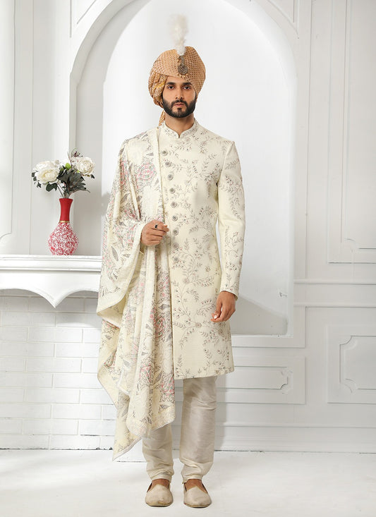 Embroidered Art Silk Cream Indo Western Sherwani - M4126