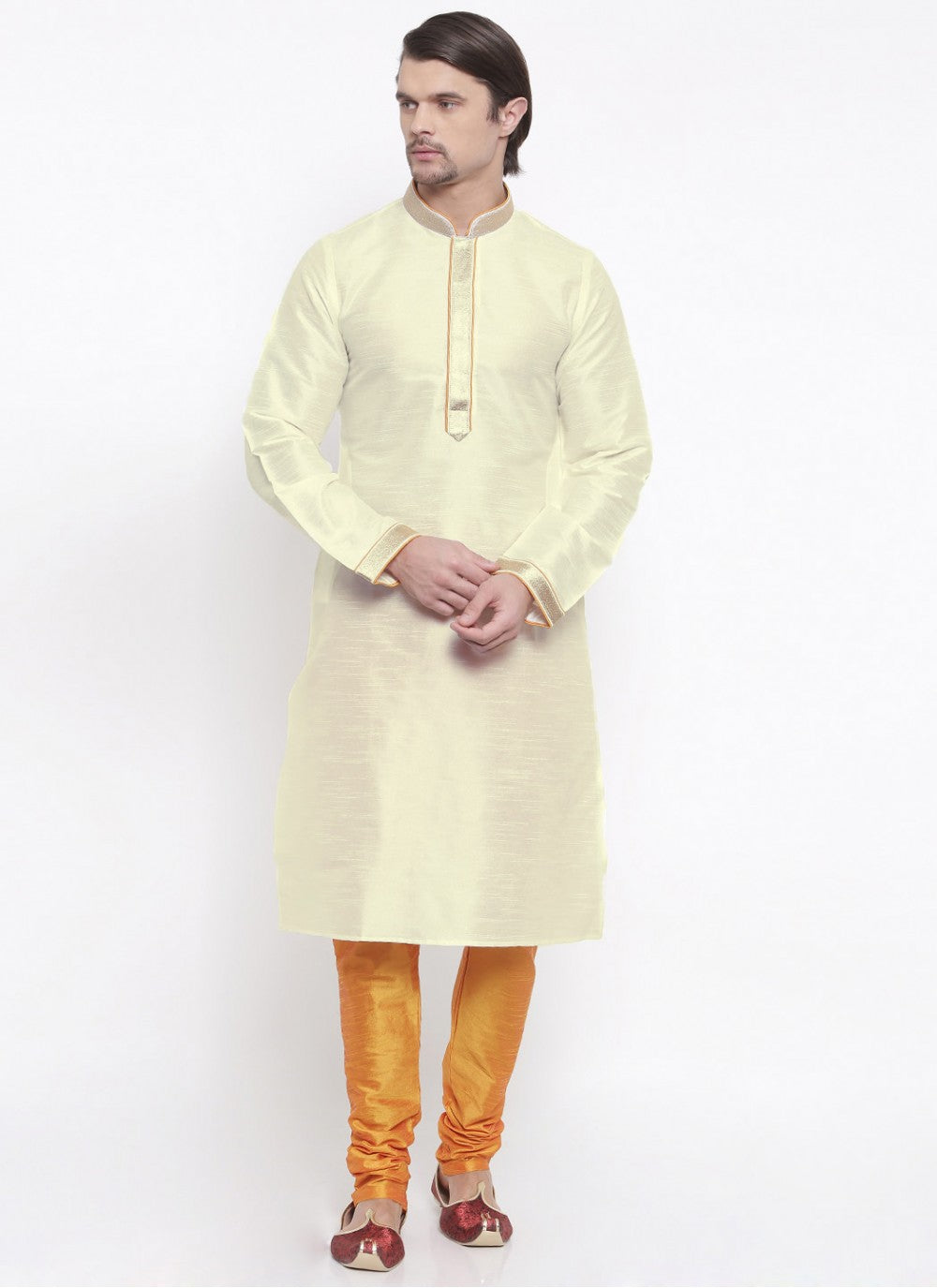 Embroidered Art Dupion Silk Cream Kurta Pyjama - M1654