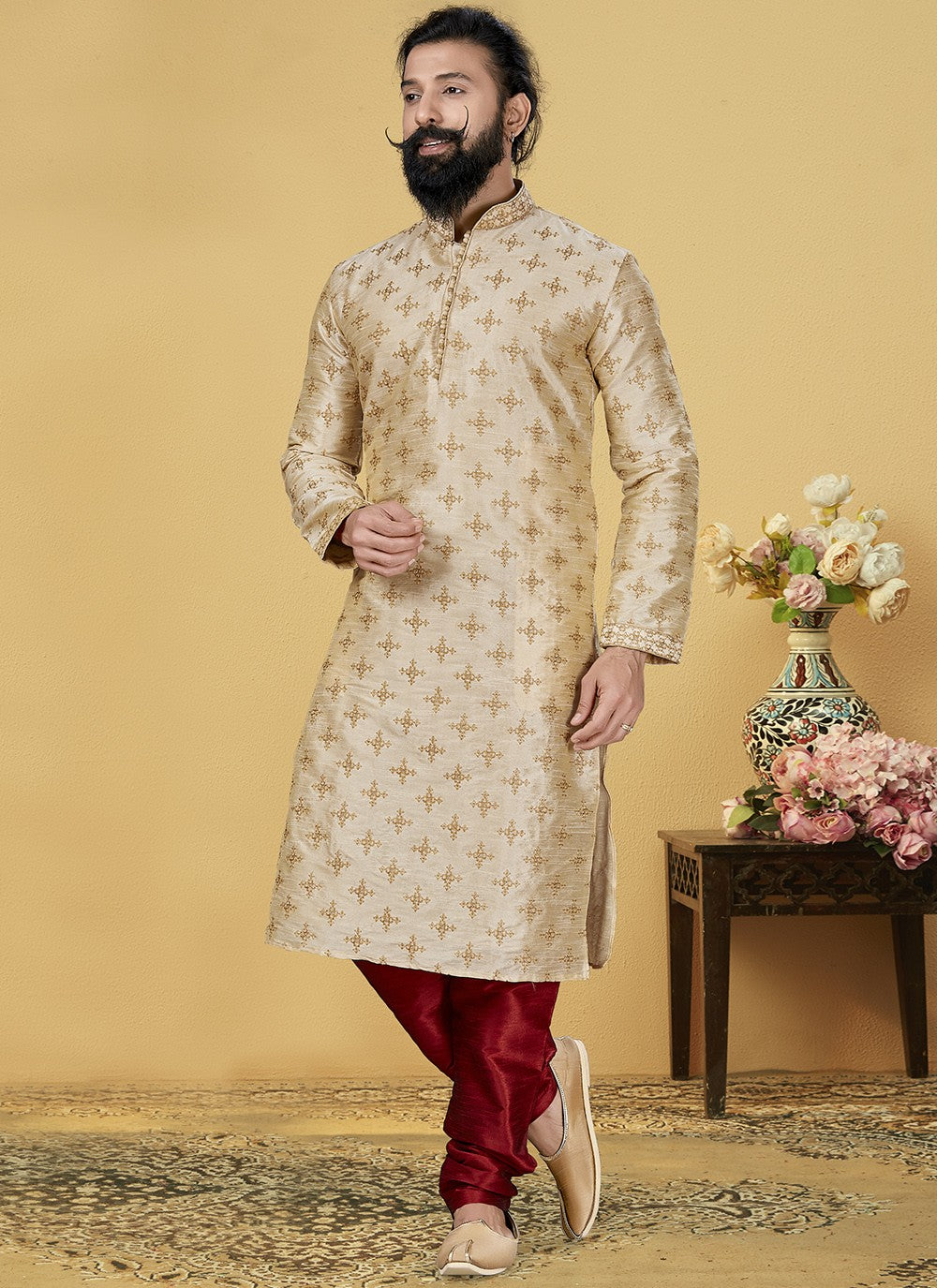 Embroidered Dupion Silk Cream Kurta Pyjama - M2062