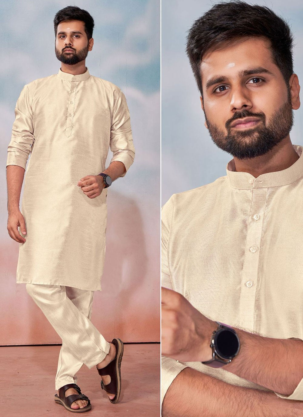 Plain Banglori Silk Cream Kurta Pyjama - M8241