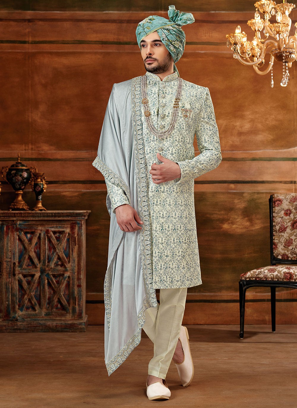 Hand Embroidery Art Silk Cream Sherwani - M4296