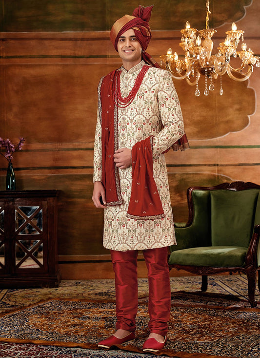 Hand Embroidery Art Silk Cream Sherwani - M4298