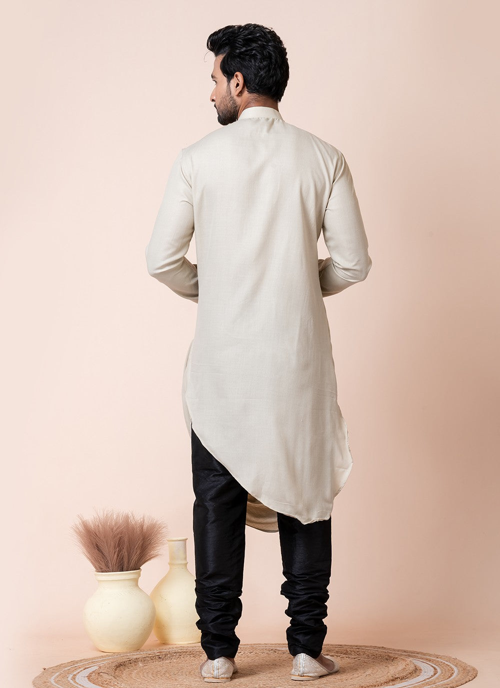 Fancy Work Cotton Cream Kurta Pyjama - M8589