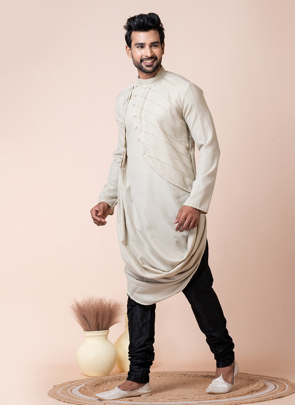 Fancy Work Cotton Cream Kurta Pyjama - M8589