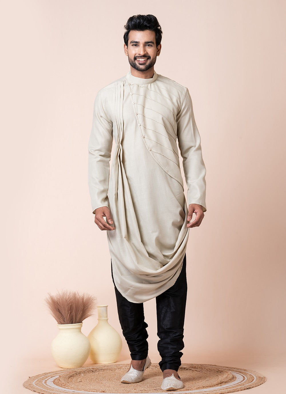 Fancy Work Cotton Cream Kurta Pyjama - M8589