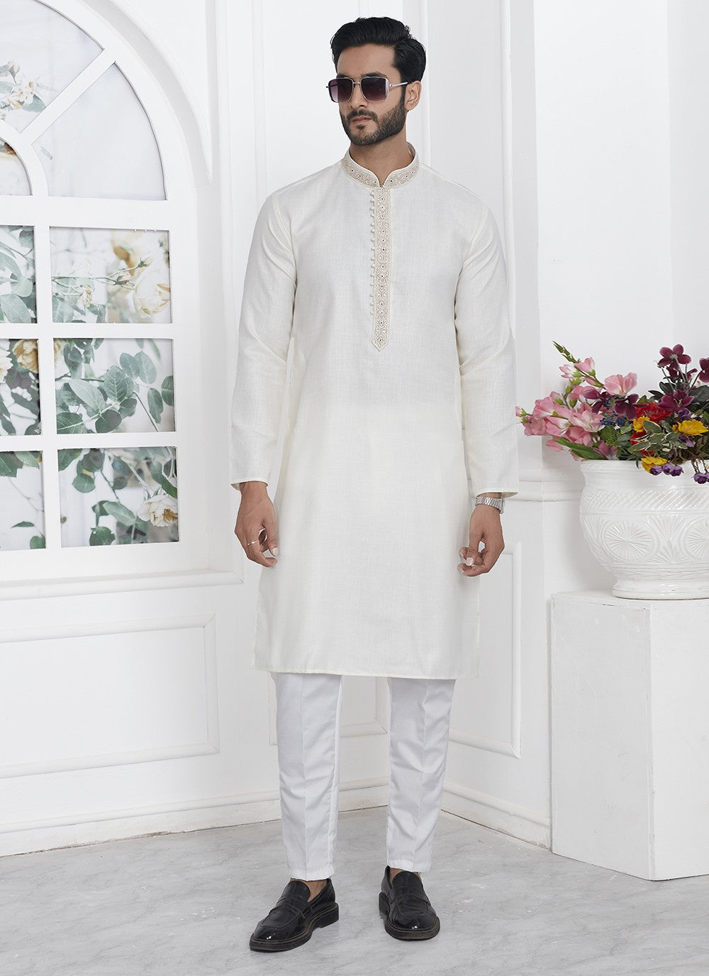 Fancy Work Cotton , Linen Cream Kurta Pyjama - M7111