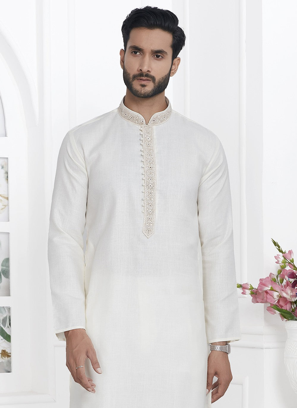 Fancy Work Cotton , Linen Cream Kurta Pyjama - M7111