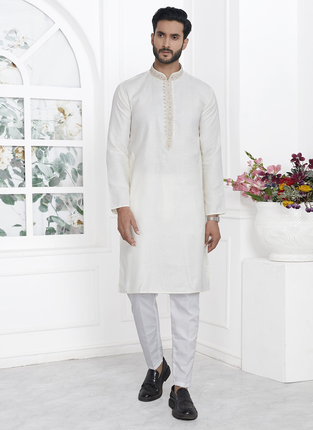 Fancy Work Cotton , Linen Cream Kurta Pyjama - M7111