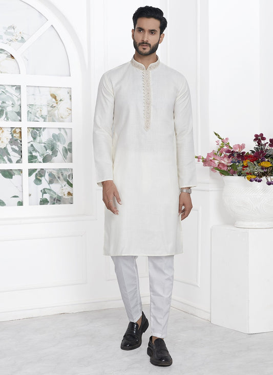 Fancy Work Cotton , Linen Cream Kurta Pyjama - M7111