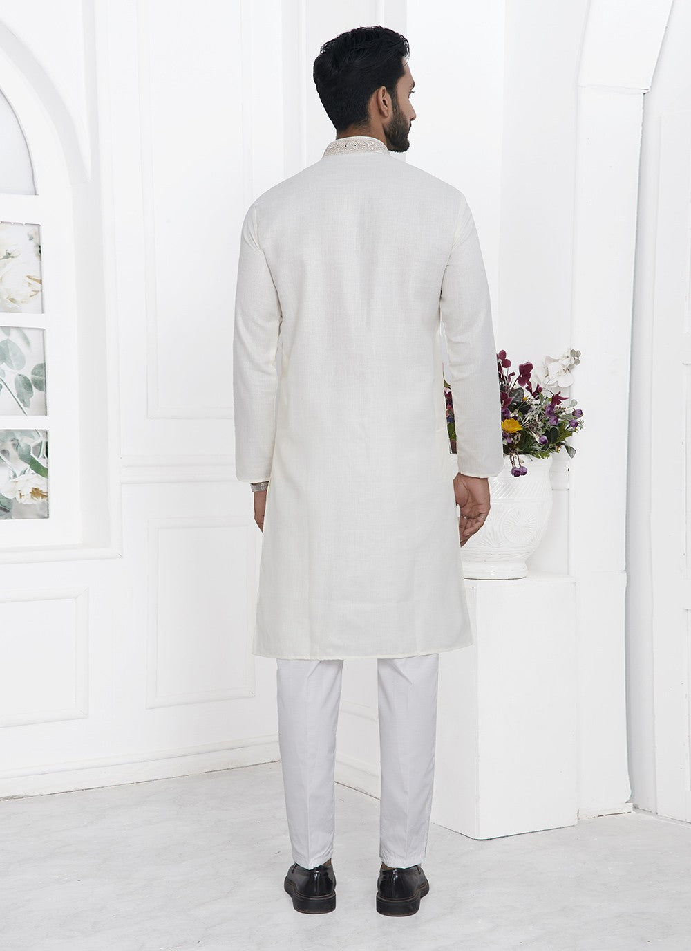 Fancy Work Cotton , Linen Cream Kurta Pyjama - M7111