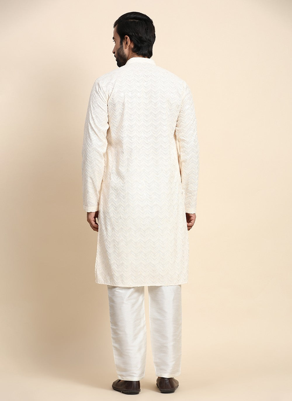 Chikankari Work Cotton Cream Kurta Pyjama - M8450