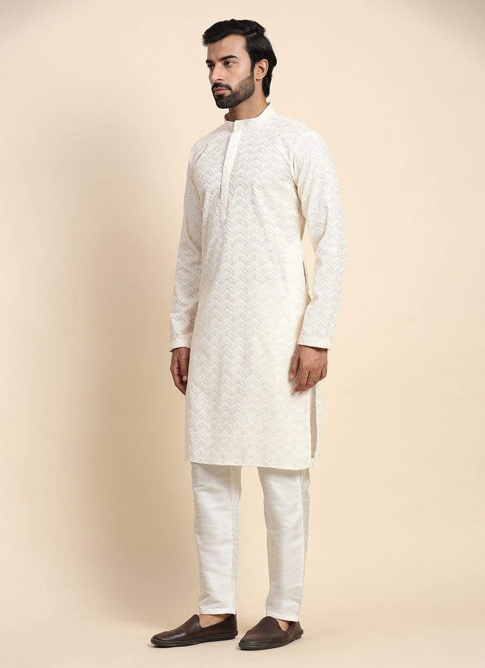 Chikankari Work Cotton Cream Kurta Pyjama - M8450