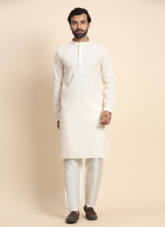 Chikankari Work Cotton Cream Kurta Pyjama - M8450