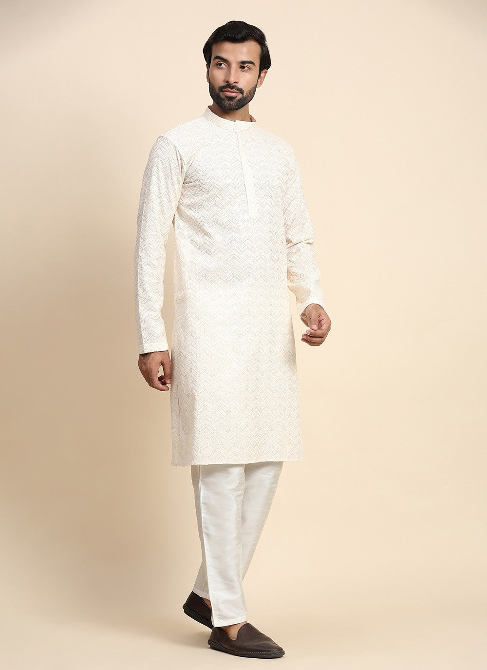 Chikankari Work Cotton Cream Kurta Pyjama - M8450