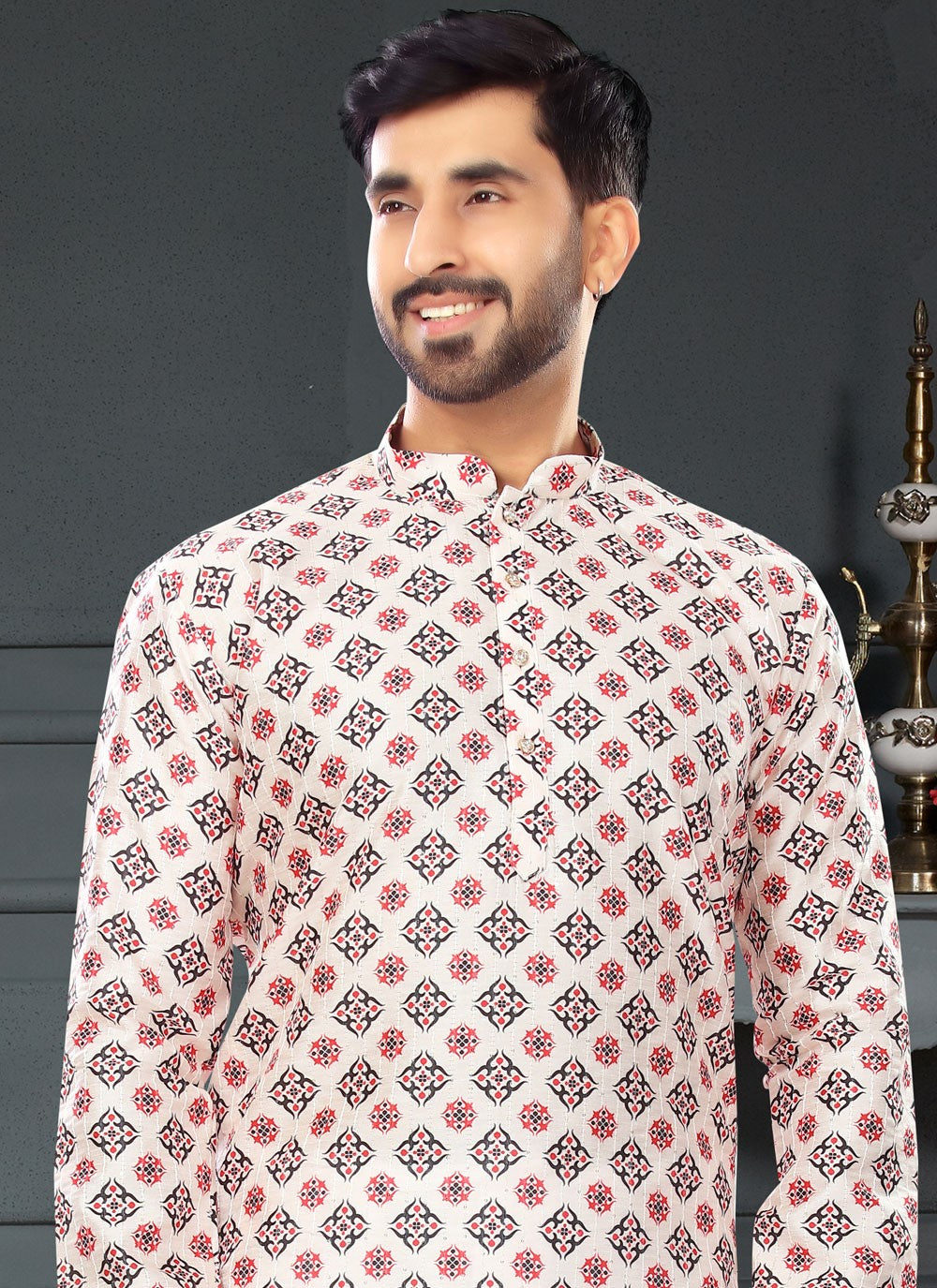 Digital Print Silk Cream Kurta Pyjama - M4728