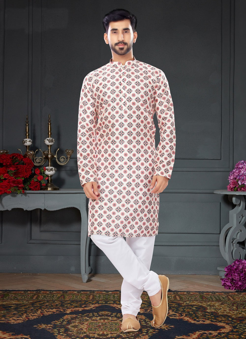 Digital Print Silk Cream Kurta Pyjama - M4728