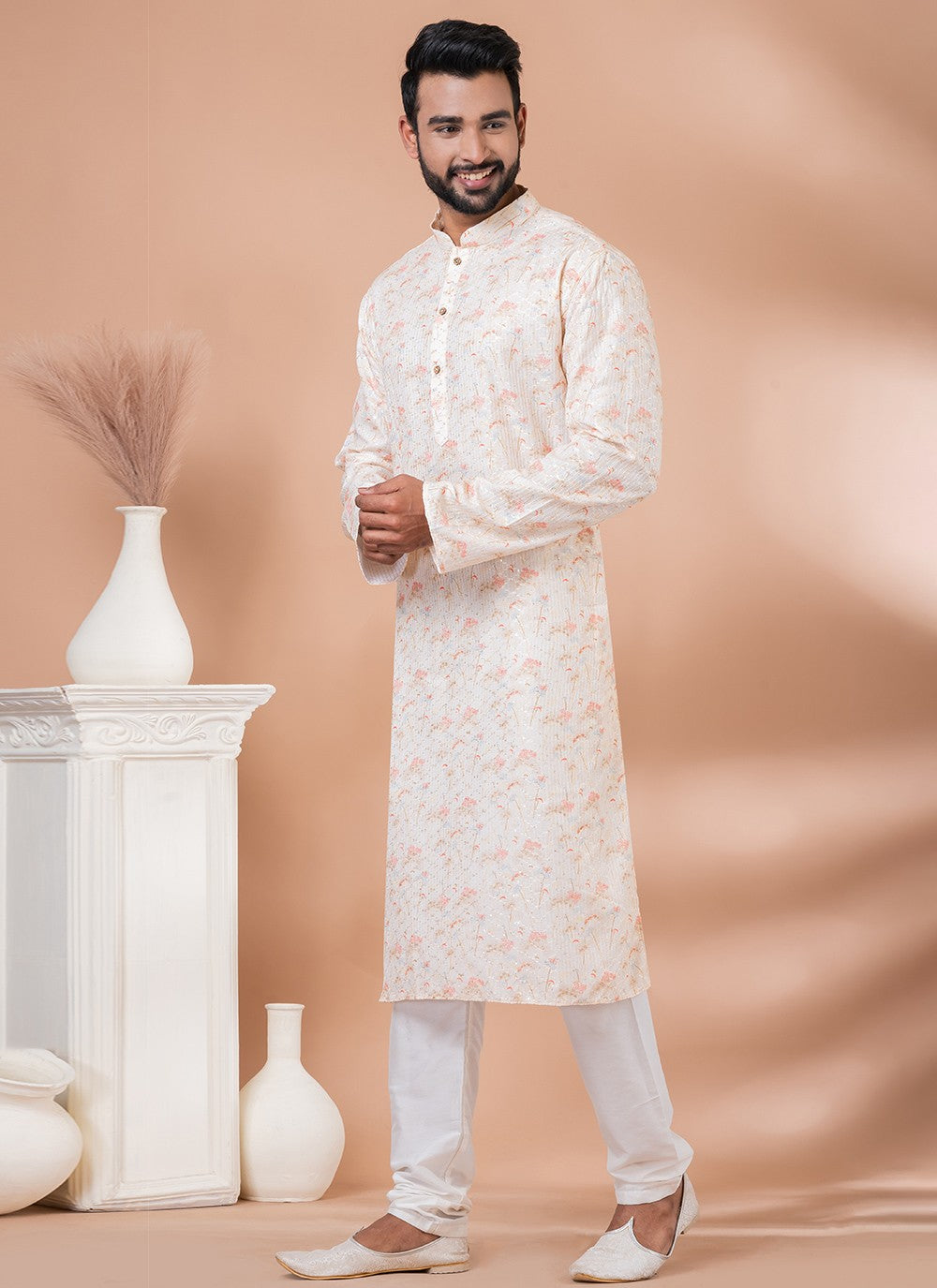 Digital Print Fancy Fabric Cream Kurta Pyjama - M6980