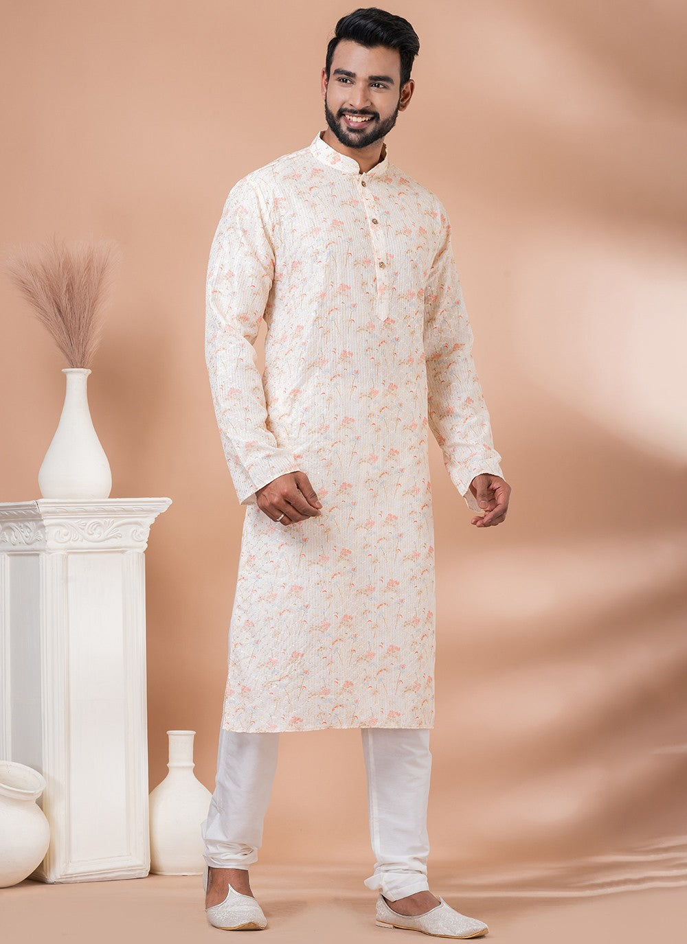 Digital Print Fancy Fabric Cream Kurta Pyjama - M6980