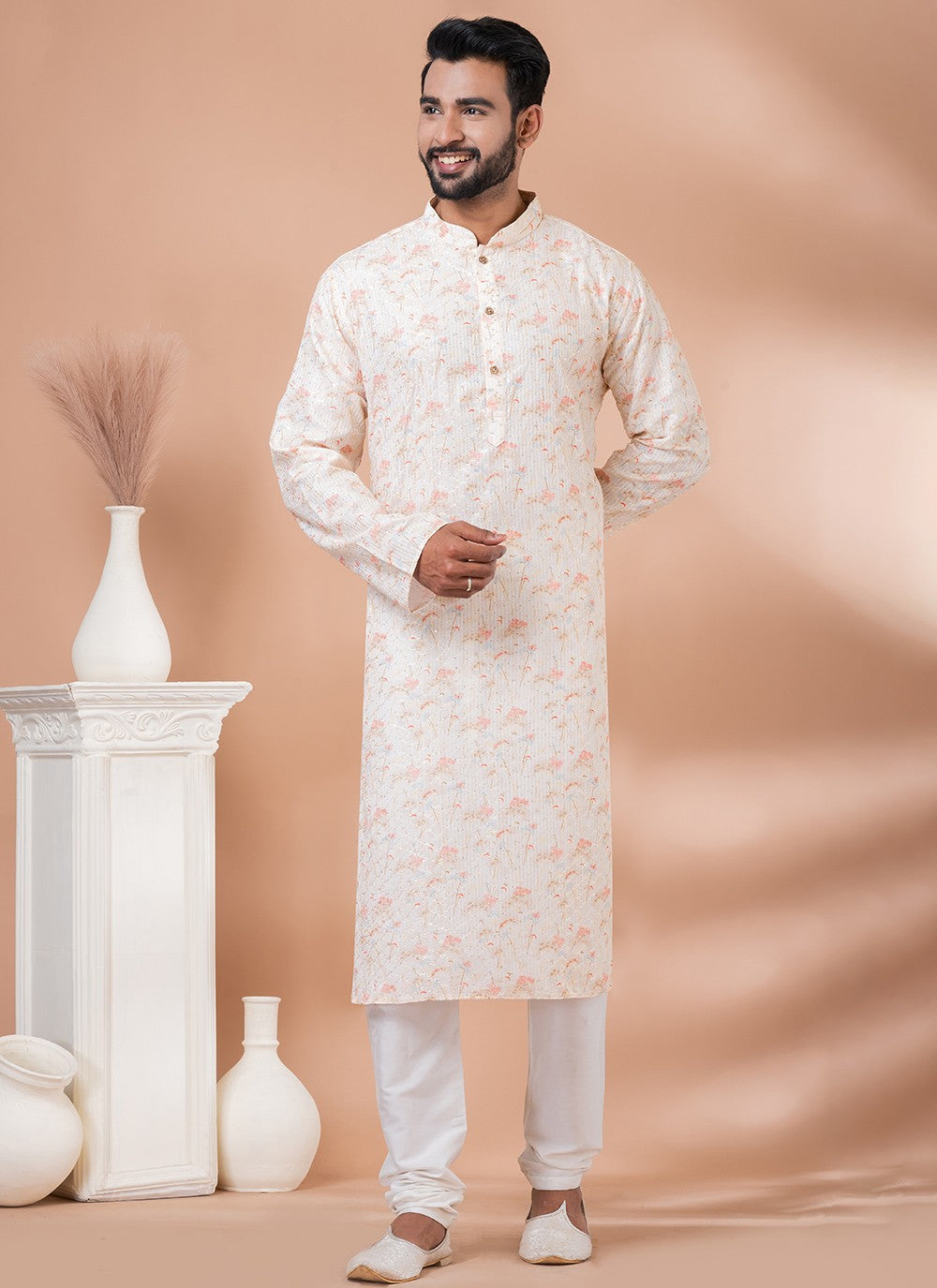 Digital Print Fancy Fabric Cream Kurta Pyjama - M6980