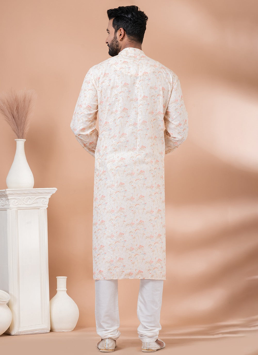 Digital Print Fancy Fabric Cream Kurta Pyjama - M6980