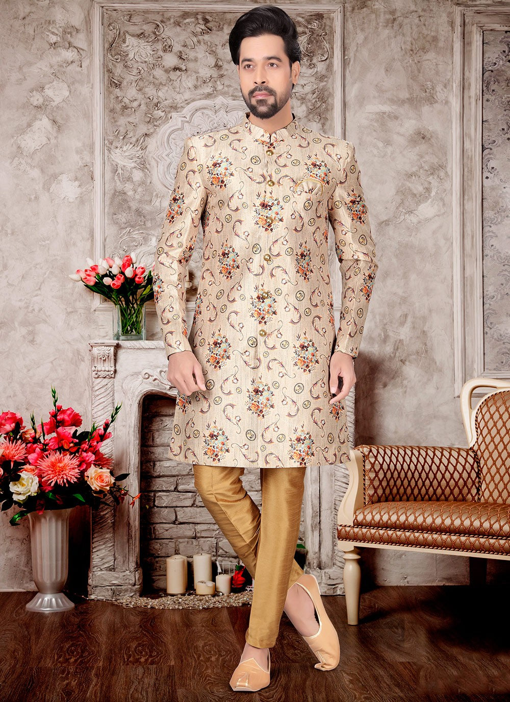 Digital Print Fancy Fabric Cream Indo Western Sherwani - M3007