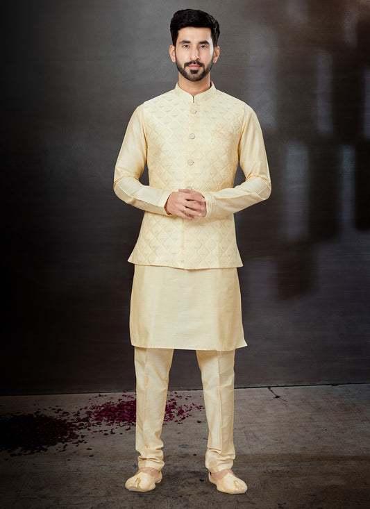 Embroidered Dupion Silk, Jacquard Cream Kurta Payjama With Jacket - M4768