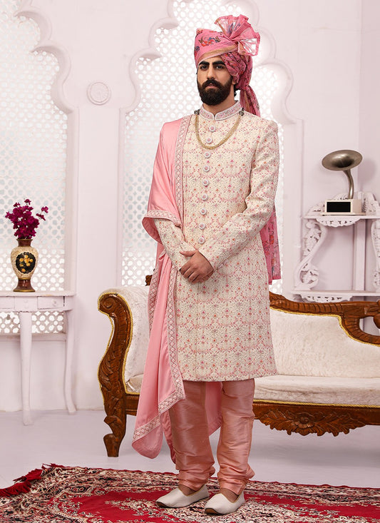 Embroidered Georgette, Lucknowi Cream Sherwani - M3322