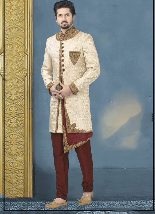 Embroidered Jacquard Cream Indo Western - M1170