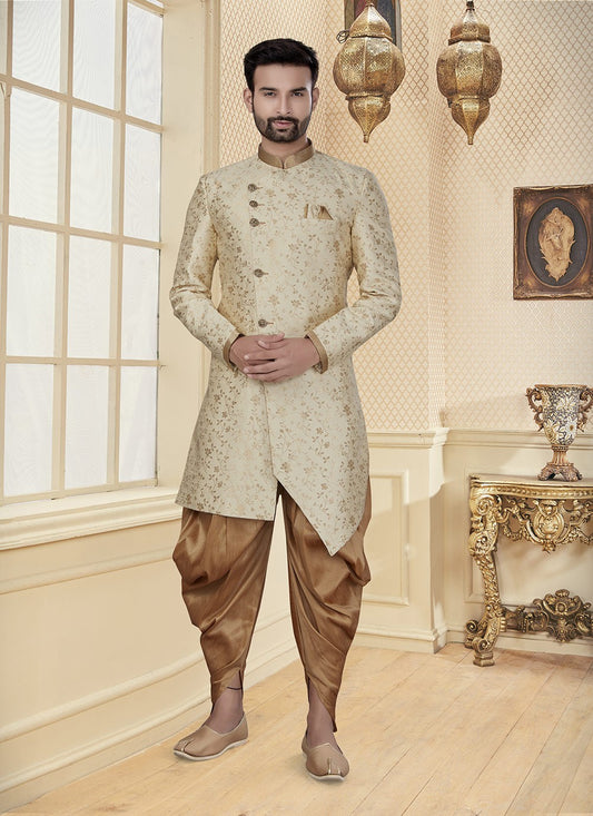 Embroidered Jacquard Cream Indo Western - M2955