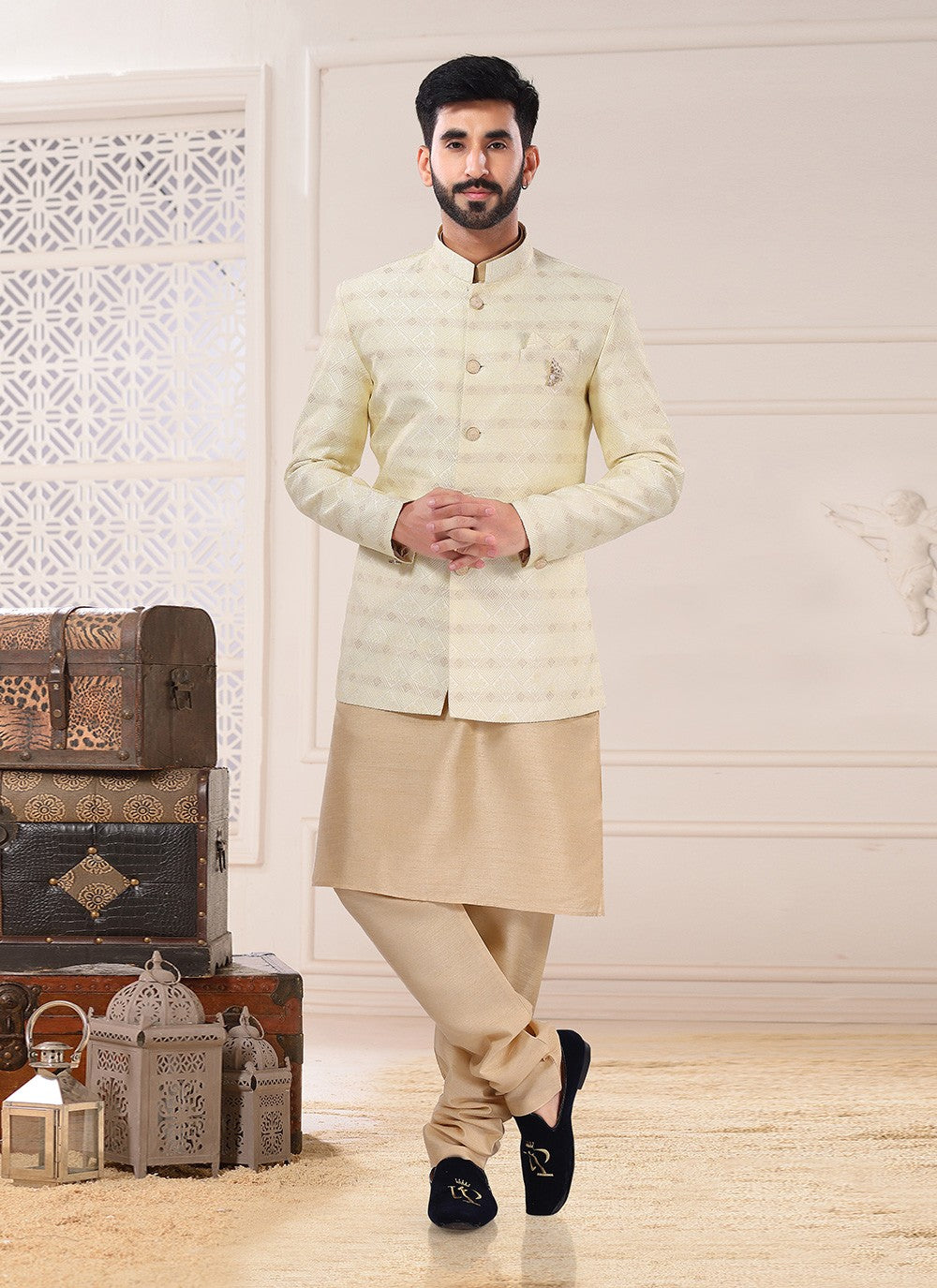 Embroidered Jacquard Cream Indo Western Sherwani - M4683