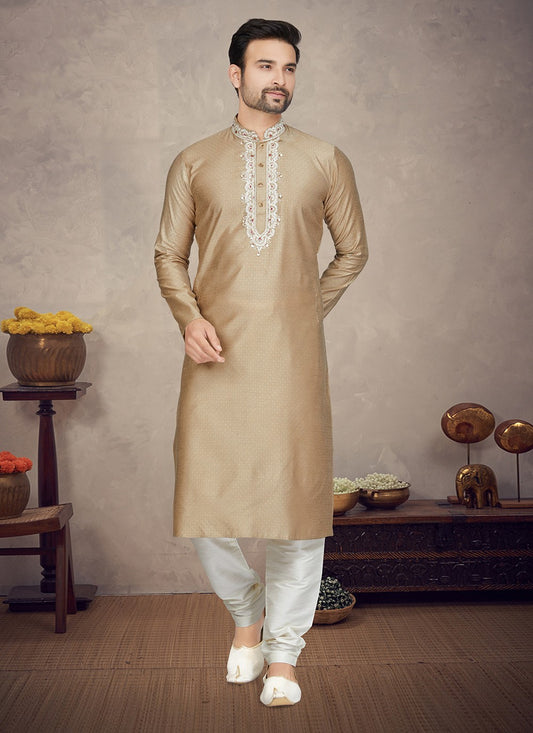 Embroidered Jacquard Cream Kurta Pyjama - M5878