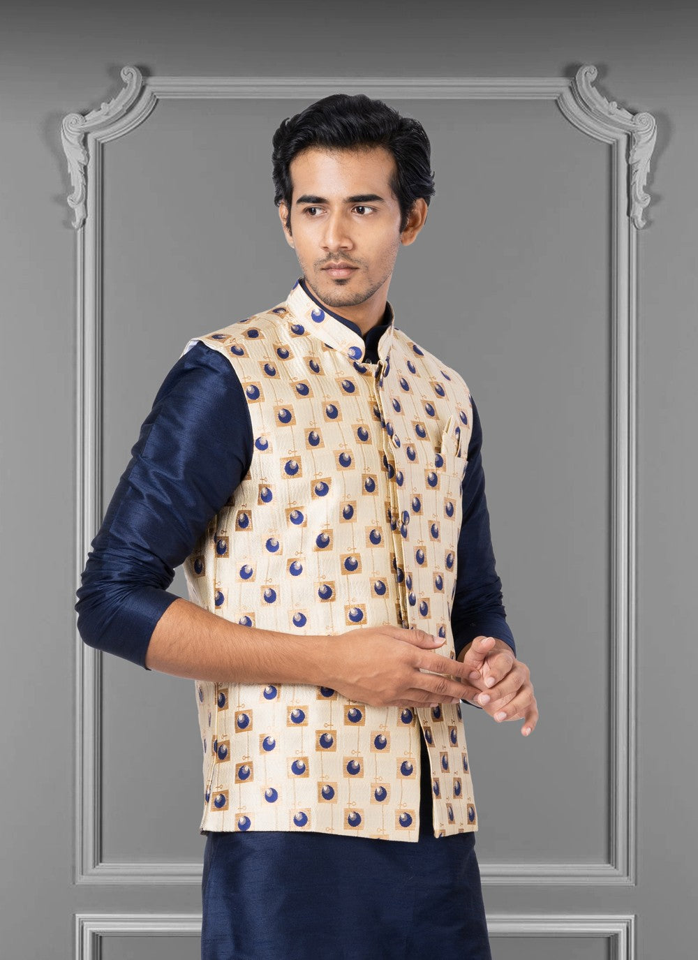 Embroidered Jacquard Silk Cream Nehru Jackets - M3826