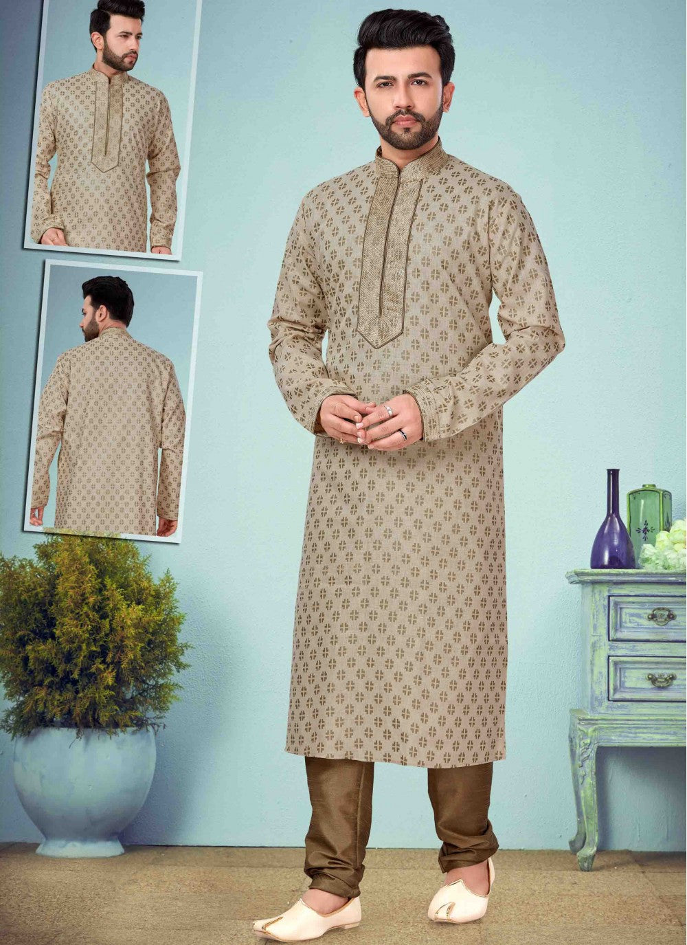 Embroidered Cotton Silk Cream Kurta Pyjama - M1646