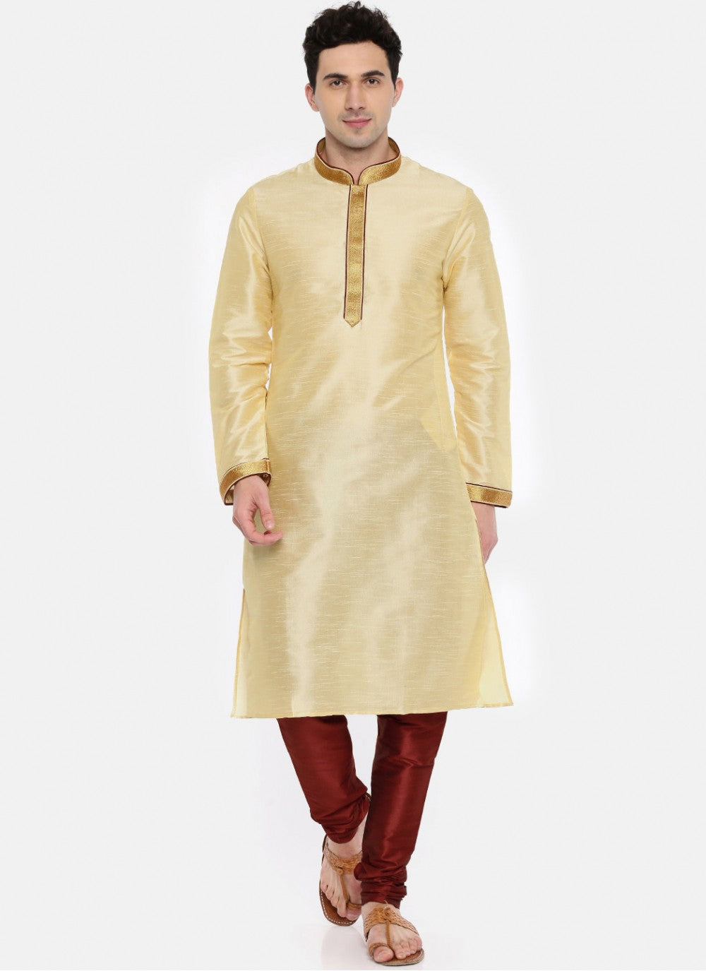 Embroidered Art Dupion Silk Cream Kurta Pyjama - M1648