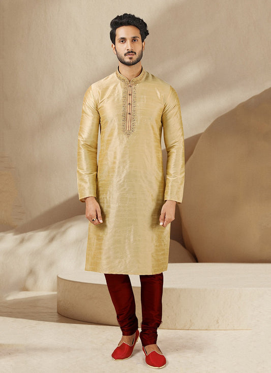 Embroidered Banarasi Silk Cream Kurta Pyjama - M3237