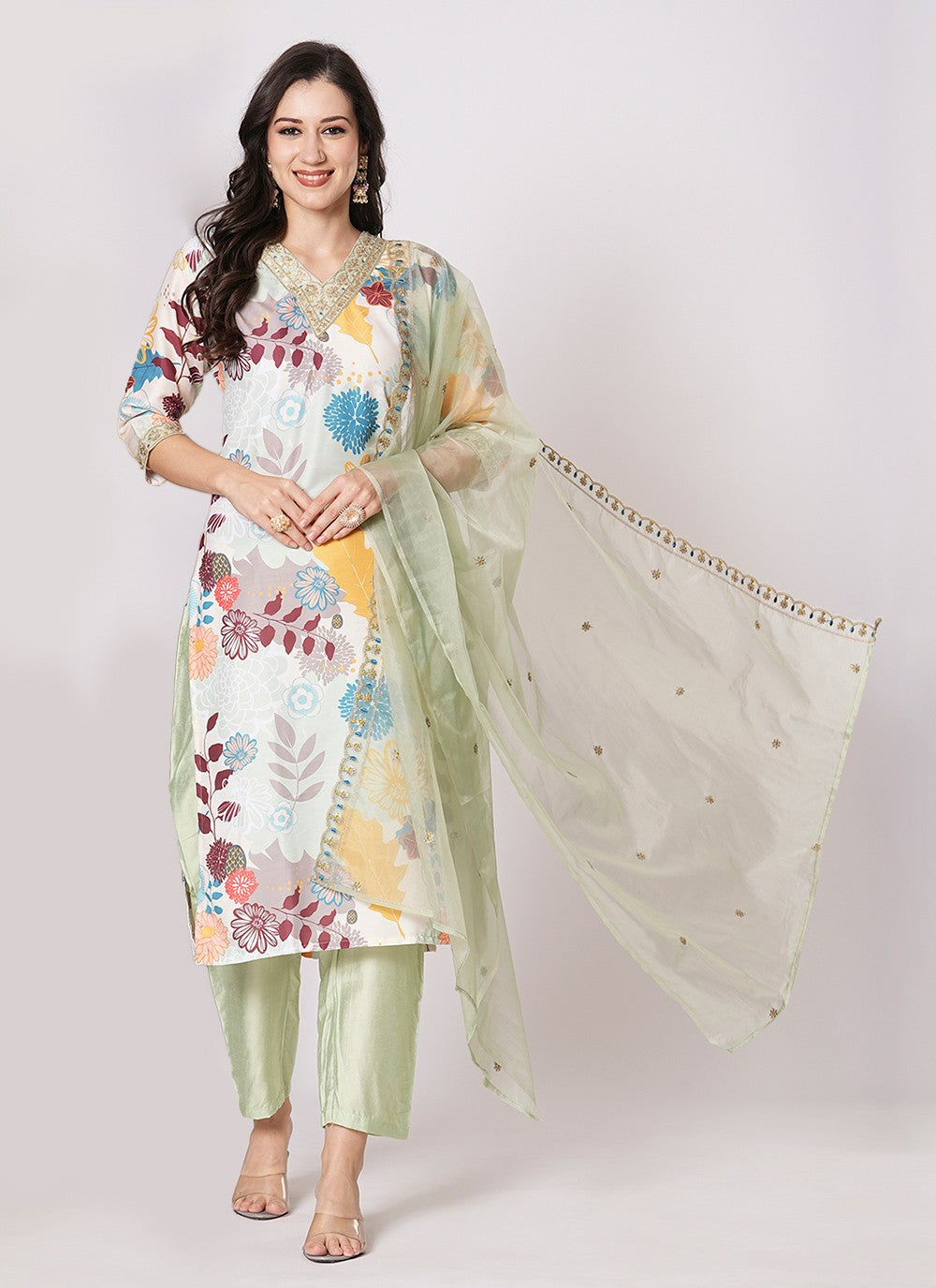 Embroidered Muslin Pant Style Suit - T4319