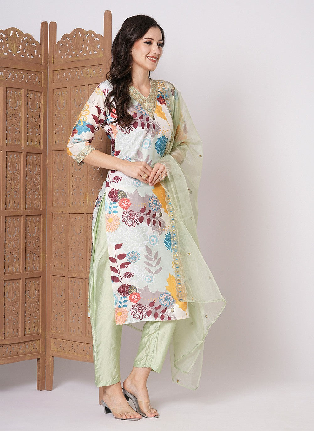 Embroidered Muslin Pant Style Suit - T4319