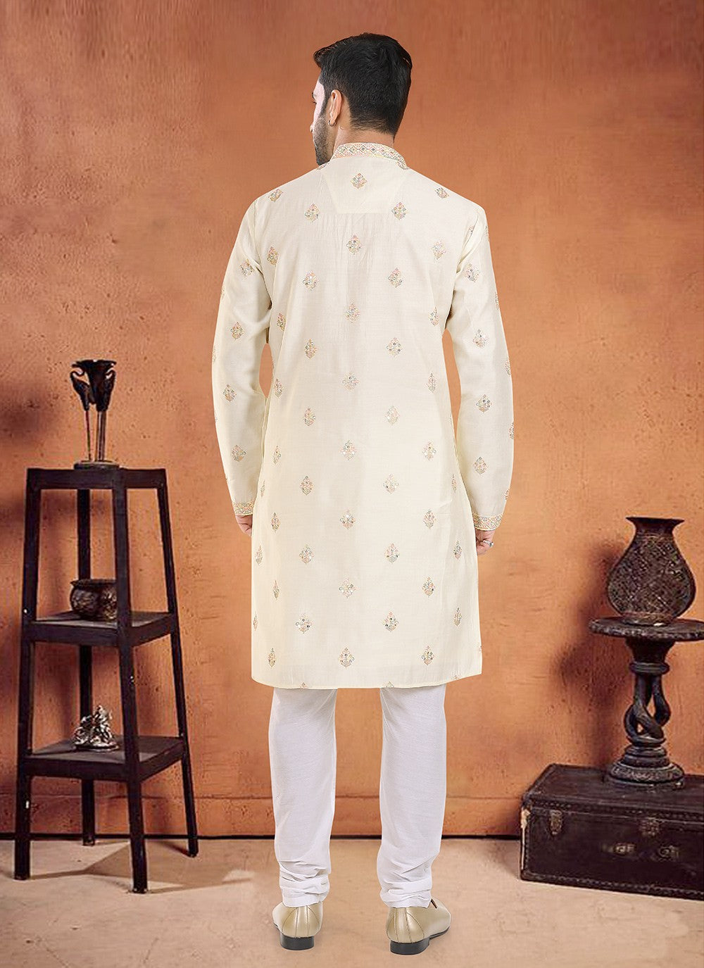 Embroidered Silk Cream Kurta Pyjama - M8100