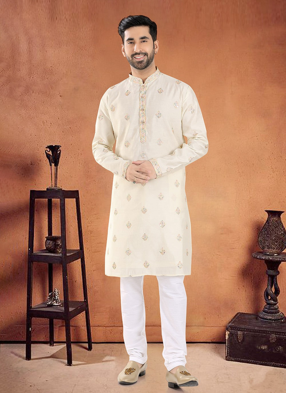 Embroidered Silk Cream Kurta Pyjama - M8100