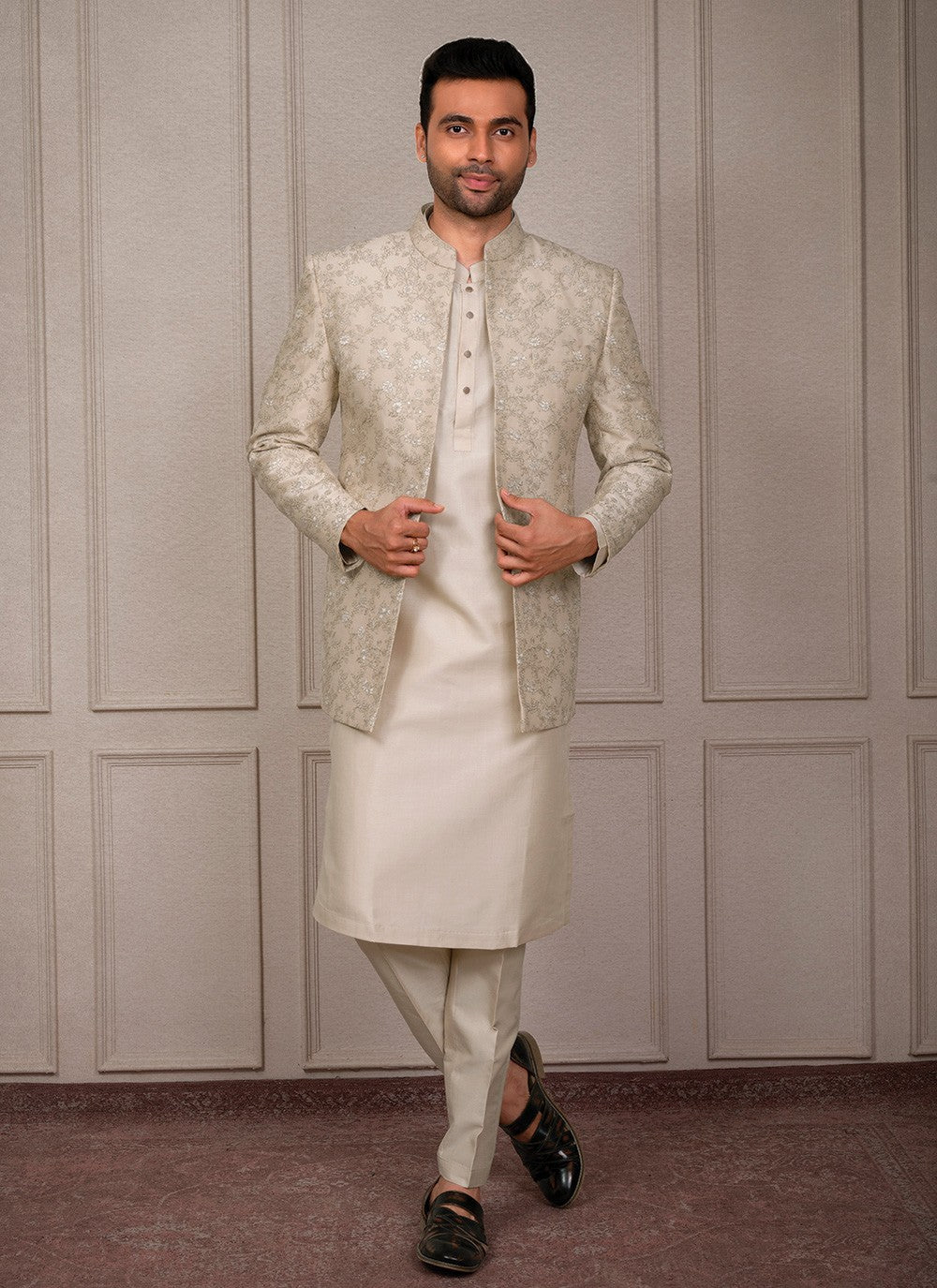 Embroidered Silk Cream Kurta Payjama With Jacket - M8352