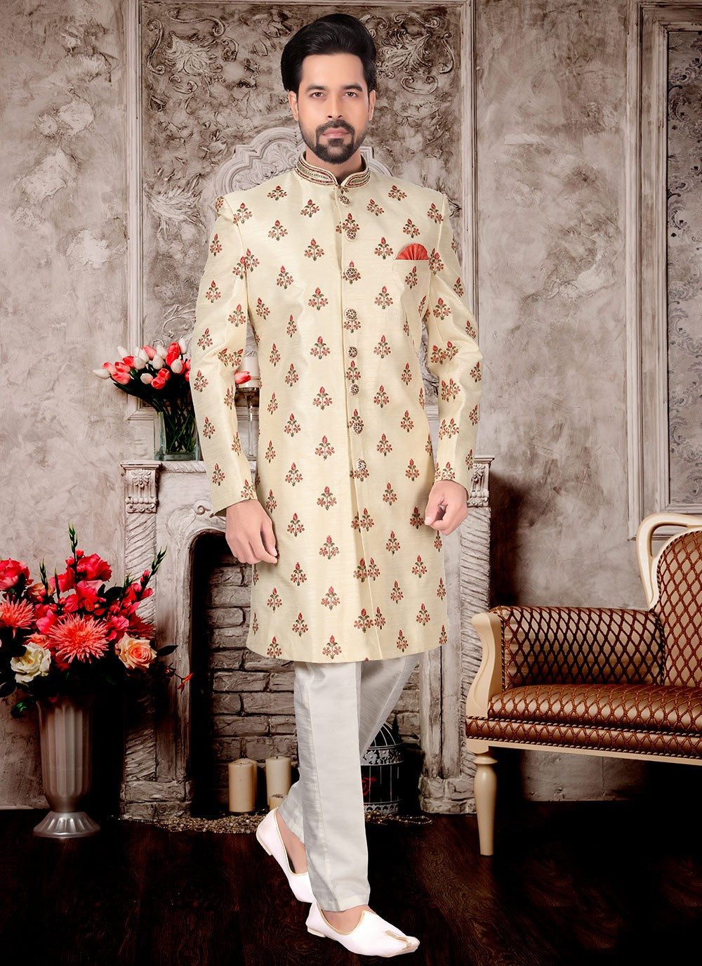 Embroidered Fancy Fabric Cream Indo Western Sherwani - M2975