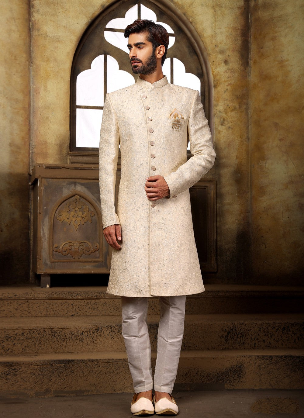 Jacquard Work Imported Cream Indo Western Sherwani - M3992