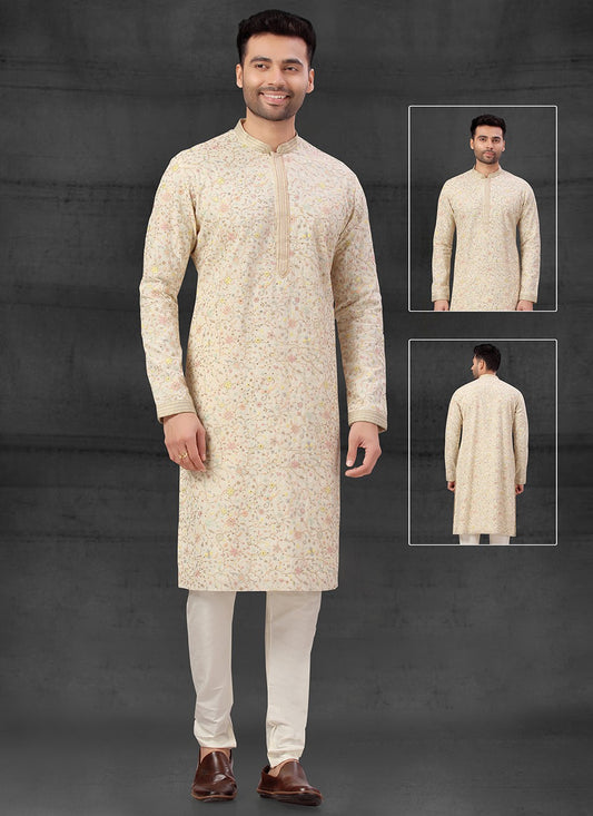 Embroidered Silk Cream Kurta Pyjama - M4104