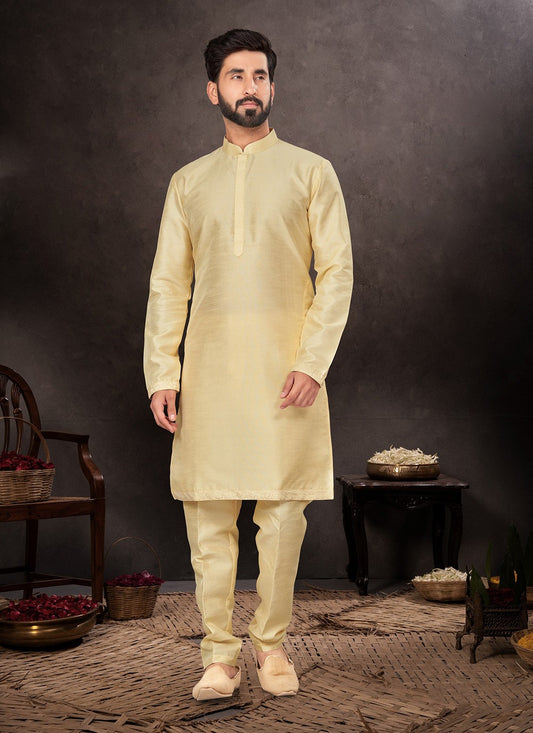 Plain Art Dupion Silk Cream Kurta Pyjama - M7224