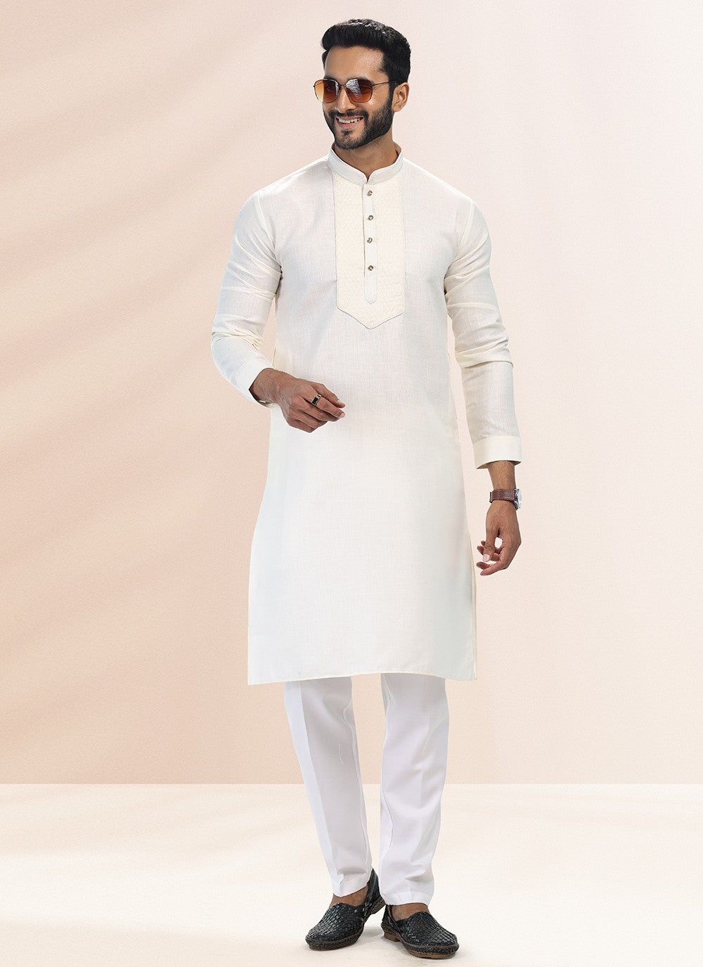 Plain Cotton , Linen Cream Kurta Pyjama - M4902