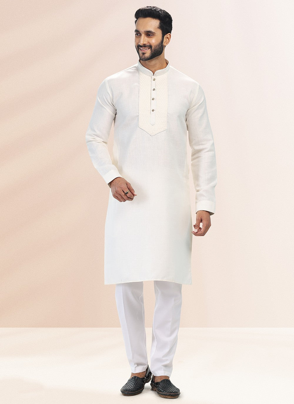 Plain Cotton , Linen Cream Kurta Pyjama - M4902