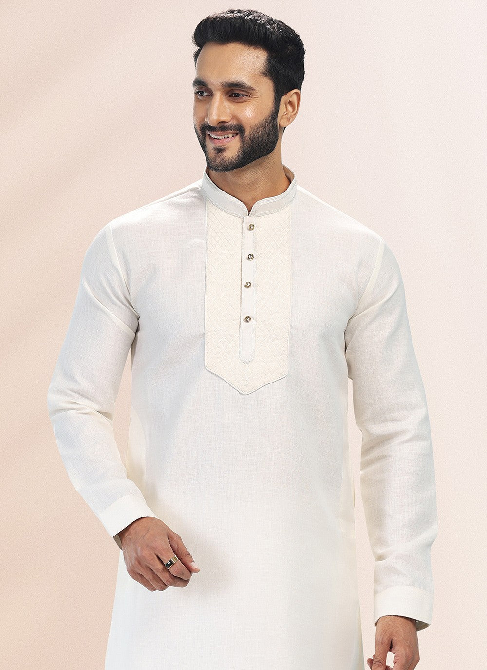 Plain Cotton , Linen Cream Kurta Pyjama - M4902